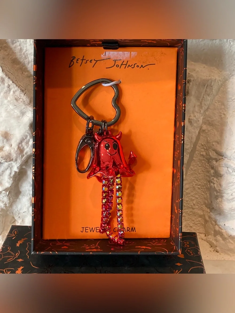 NIB Betsey Johnson Red Devil Ghost Charm Bag Charm with Rhinestone Tassels